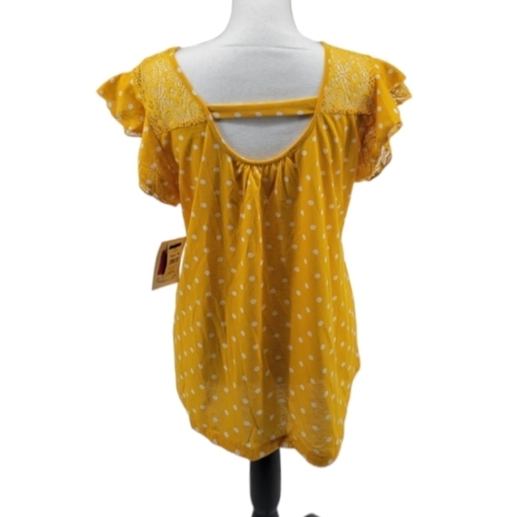 Bobbie Brooks Top Yellow White Polka Dots Lace Accents Open Back Sz M NWT - Picture 3 of 12